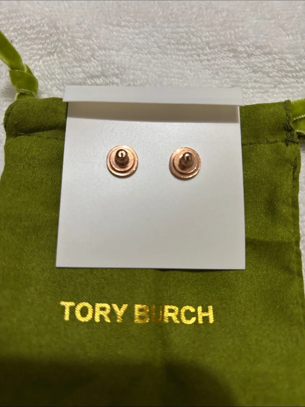 NWT Tory Burch Rose Gold Hexagon Logo Stud Earrings w/ Tory Burch Jewelry Bag